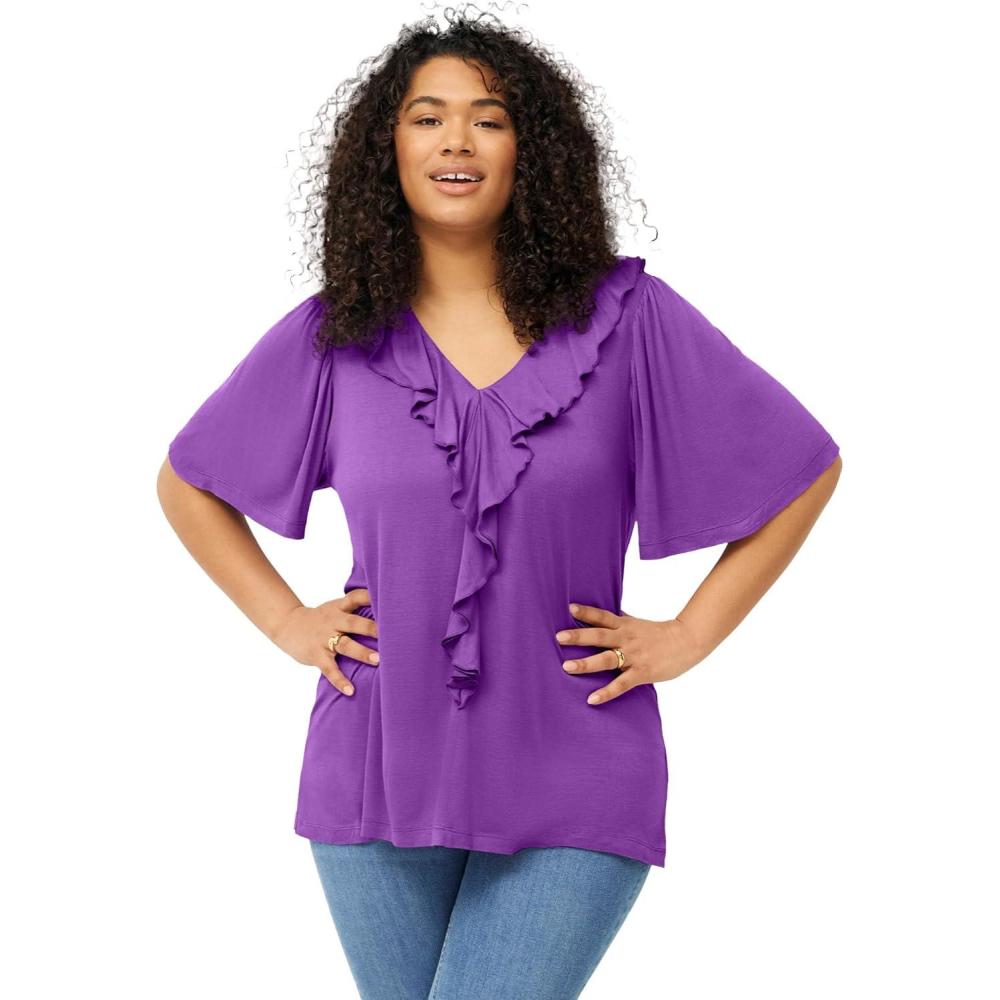 imageellos Plus Size Stretch Knit VNeck Ruffle Front TunicDeep Amethyst