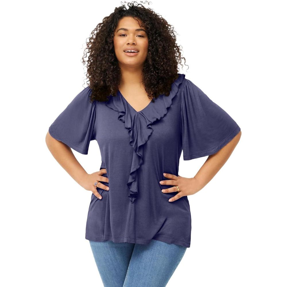 imageellos Plus Size Stretch Knit VNeck Ruffle Front TunicDeep Dusk