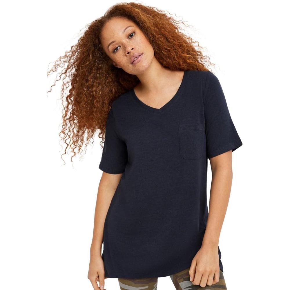 imageellos Plus Size Stretch Knit VNeck Short Sleeve Chest Pocket TunicBlack