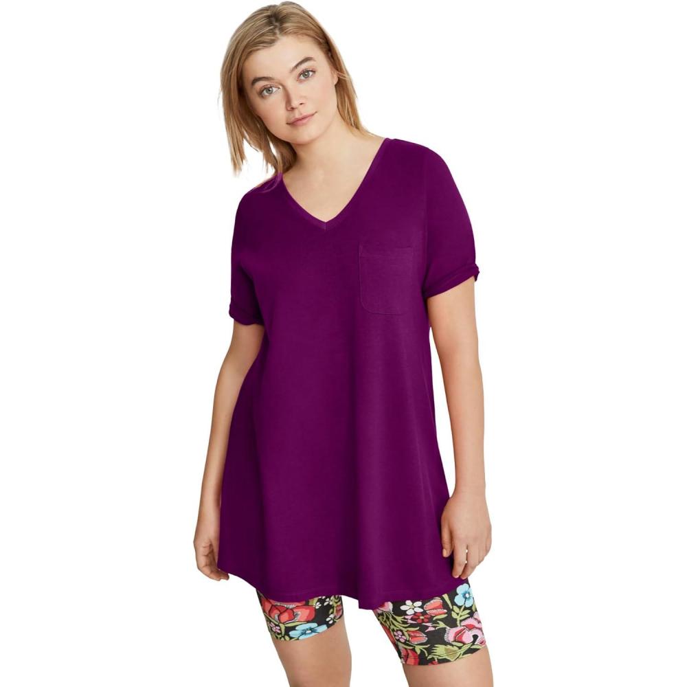 imageellos Plus Size Stretch Knit VNeck Short Sleeve Chest Pocket TunicBoysenberry
