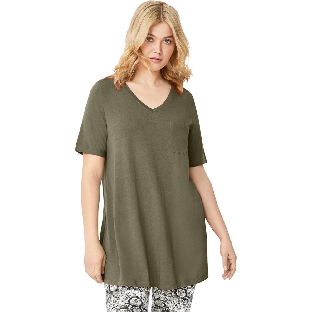 imageellos Plus Size Stretch Knit VNeck Short Sleeve Chest Pocket TunicBurnt Olive