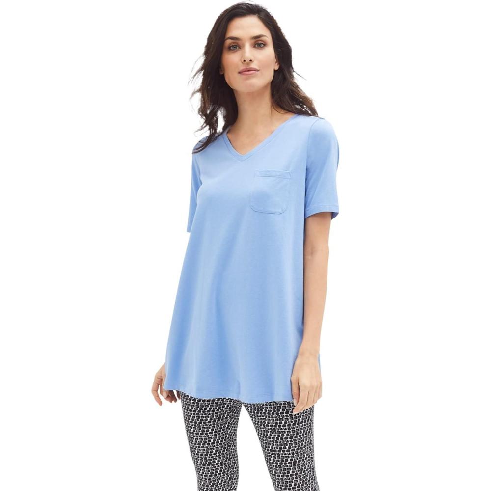 imageellos Plus Size Stretch Knit VNeck Short Sleeve Chest Pocket TunicFrench Blue