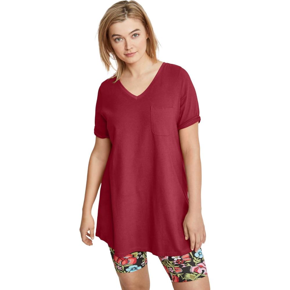 imageellos Plus Size Stretch Knit VNeck Short Sleeve Chest Pocket TunicFresh Pomegranate