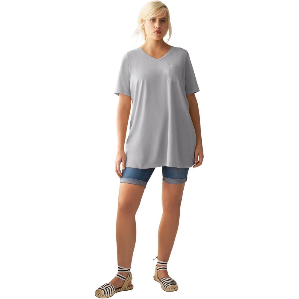 imageellos Plus Size Stretch Knit VNeck Short Sleeve Chest Pocket TunicHeather Grey