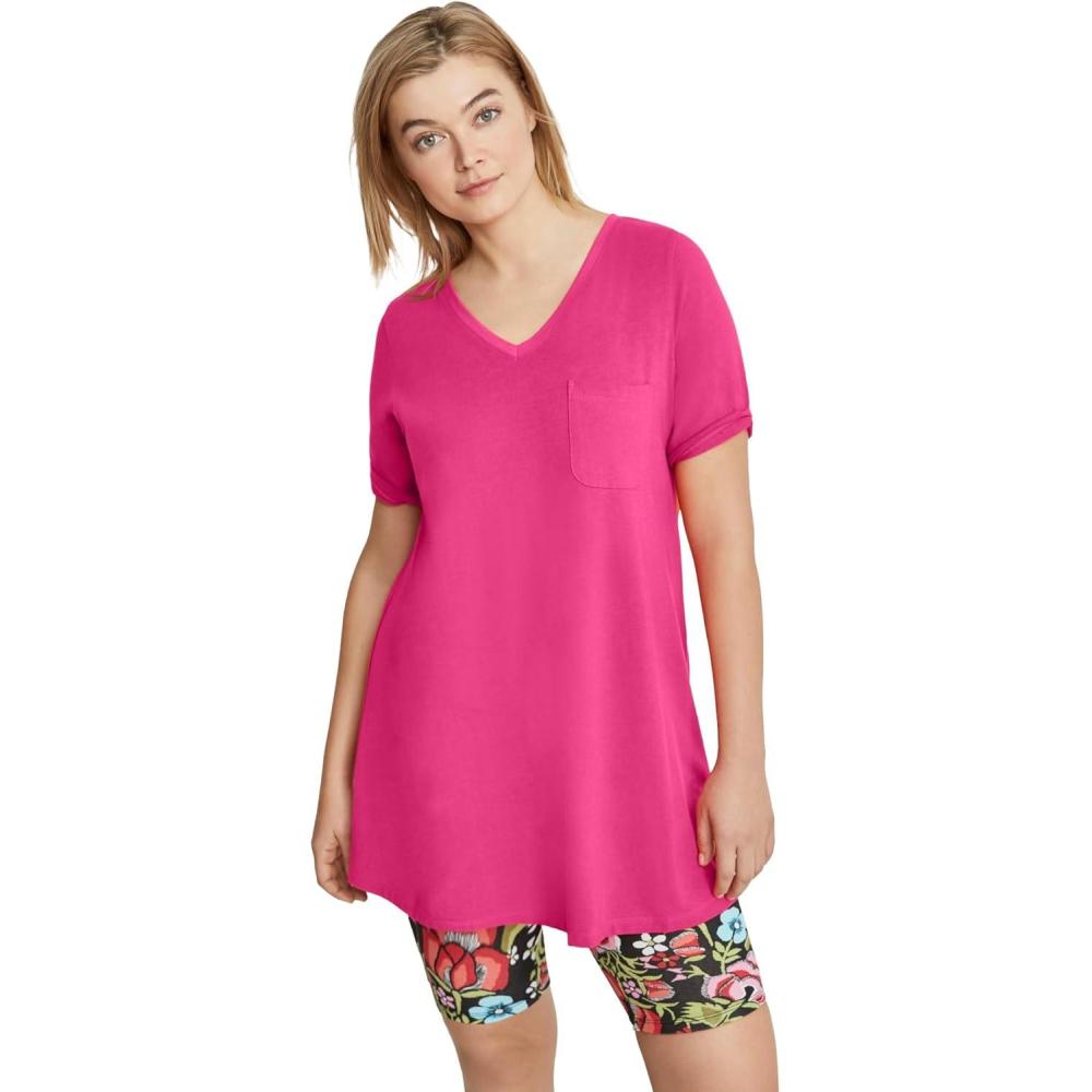 imageellos Plus Size Stretch Knit VNeck Short Sleeve Chest Pocket TunicRaspberry Sorbet
