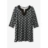 Woman Within Plus Size Contrast Notch-Neck Three-Quarter Sleeve Knit Tunic(Black Paisley Border)