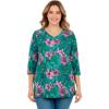 Woman Within Plus Size Perfect Printed Three-Quarter Sleeve V-Neck Tee(Emerald Tropical Bloom)