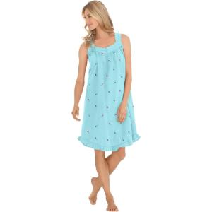 Dreams & Co. Plus Size Short Embroidered Nightgown(Pale Ocean)
