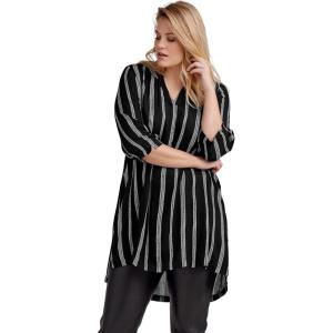 Ellos Plus Size Notch Neck Crinkle Tunic(Black White Stripe)