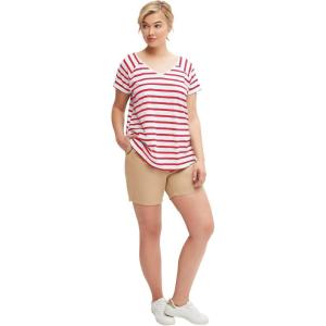 Ellos Plus Size Rounded V-Neck Tee(Chili Red White Stripe)
