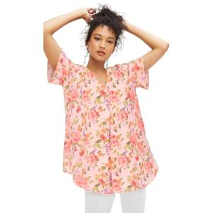 Ellos Plus Size Short Sleeve Inverted Pleat Tunic(Lilac Whisper Floral)