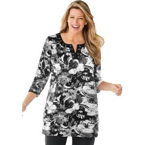 Woman Within Plus Size 7-Day Three-Quarter Sleeve Grommet Notch Tunic(Black Graphic Floral)
