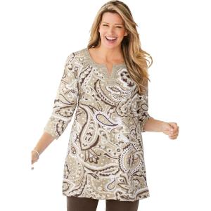Woman Within Plus Size 7-Day Three-Quarter Sleeve Grommet Notch Tunic(New Khaki Paisley)