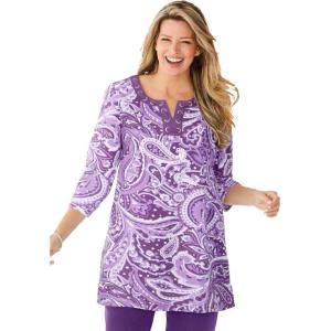 Woman Within Plus Size 7-Day Three-Quarter Sleeve Grommet Notch Tunic(Radiant Purple Paisley)