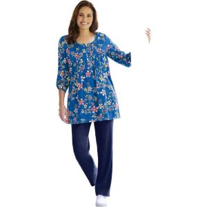 Woman Within Plus Size 7-Day Three-Quarter Sleeve Pintucked Henley Tunic(Deep Cobalt Moonlit Bloom)