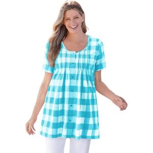 Woman Within Plus Size A-Line Knit Tunic(Pretty Turquoise Buffalo Plaid)