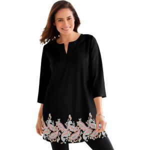 Woman Within Plus Size Contrast Notch-Neck Three-Quarter Sleeve Knit Tunic(Black Paisley Border)