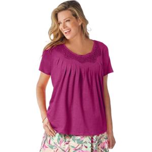 Woman Within Plus Size Crochet-Trim Knit Top(Raspberry)