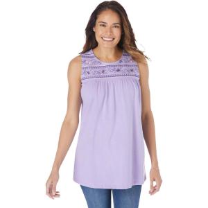 Woman Within Plus Size Embroidered Crewneck Tank(Soft Iris Embroidery)
