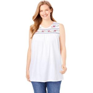 Woman Within Plus Size Embroidered Crewneck Tank(White Embroidery)