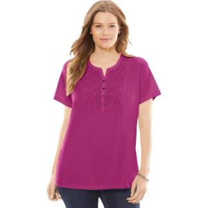 Woman Within Plus Size Eyelet Henley Tee(Raspberry)