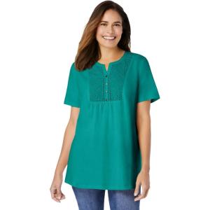 Woman Within Plus Size Eyelet Henley Tee(Waterfall)