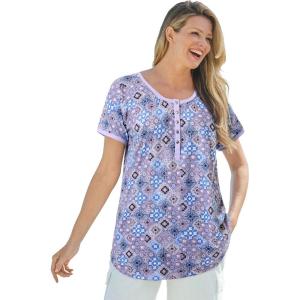 Woman Within Plus Size Knit Henley Tunic(Soft Iris Tile Patchwork)