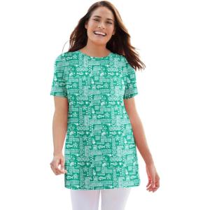 Woman Within Plus Size Perfect Printed Crewneck Tunic(Tropical Green Island Stamp)