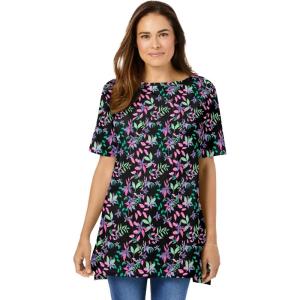 Woman Within Plus Size Perfect Printed Short-Sleeve Boatneck Tunic(Black Multi Floral)