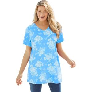 Woman Within Plus Size Perfect Printed Short-Sleeve V-Neck Tunic(Azure Butterfly Bloom)