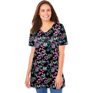 Woman Within Plus Size Perfect Printed Short-Sleeve V-Neck Tunic(Black Multi Floral)