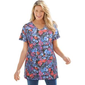 Woman Within Plus Size Perfect Printed Short-Sleeve V-Neck Tunic(Black Multi Garden)