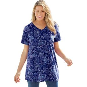 Woman Within Plus Size Perfect Printed Short-Sleeve V-Neck Tunic(Evening Blue Paisley)