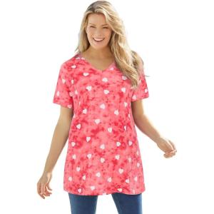 Woman Within Plus Size Perfect Printed Short-Sleeve V-Neck Tunic(Geranium Tie Dye Hearts)