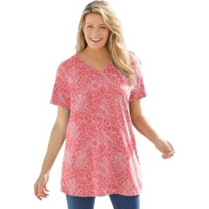 Woman Within Plus Size Perfect Printed Short-Sleeve V-Neck Tunic(Sweet Coral Palm)