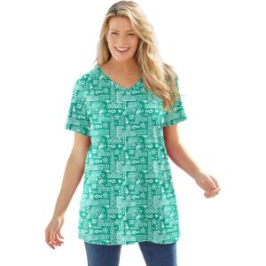 Woman Within Plus Size Perfect Printed Short-Sleeve V-Neck Tunic(Tropical Green Island Stamp)