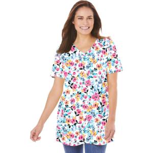 Woman Within Plus Size Perfect Printed Short-Sleeve V-Neck Tunic(White Painterly Bloom)