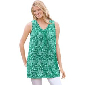 Woman Within Plus Size Perfect Printed Sleeveless Shirred V-Neck Tunic(Tropical Green Island Stamp)