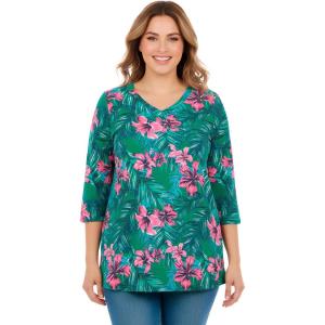 Woman Within Plus Size Perfect Printed Three-Quarter Sleeve V-Neck Tee(Emerald Tropical Bloom)