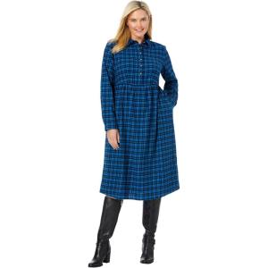 Woman Within Plus Size Plaid Flannel A-Line Shirtdress(Bright Cobalt Plaid)