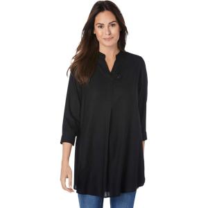 Woman Within Plus Size Rayon Three-Quarter Sleeve Effortless Tab-Front Blouse(Black)