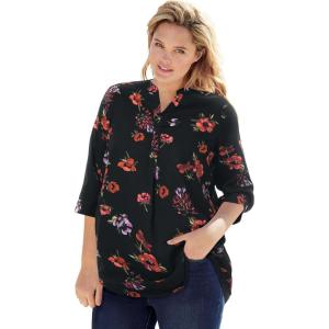 Woman Within Plus Size Rayon Three-Quarter Sleeve Effortless Tab-Front Blouse(Black Magnolia)
