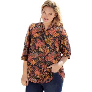 Woman Within Plus Size Rayon Three-Quarter Sleeve Effortless Tab-Front Blouse(Black Multi Paisley)