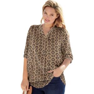 Woman Within Plus Size Rayon Three-Quarter Sleeve Effortless Tab-Front Blouse(New Khaki Geo)