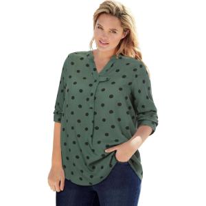 Woman Within Plus Size Rayon Three-Quarter Sleeve Effortless Tab-Front Blouse(Pine Dot)