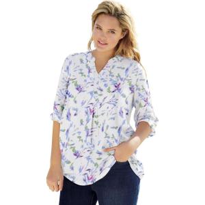 Woman Within Plus Size Rayon Three-Quarter Sleeve Effortless Tab-Front Blouse(White Misty Floral)