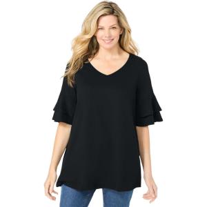 Woman Within Plus Size Ruffled Elbow-Sleeve Tunic(Black)