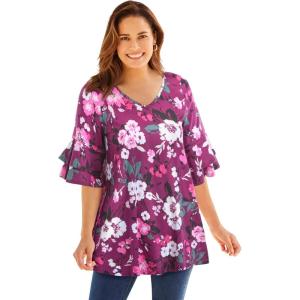 Woman Within Plus Size Ruffled Elbow-Sleeve Tunic(Deep Claret Multi Floral)