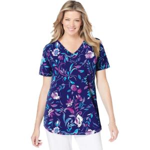 Woman Within Plus Size Short-Sleeve V-Neck Shirred Tee(Navy Multi Florals)