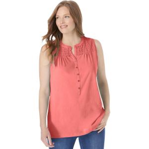 Woman Within Plus Size Smocked Henley Tank Top(Sweet Coral)